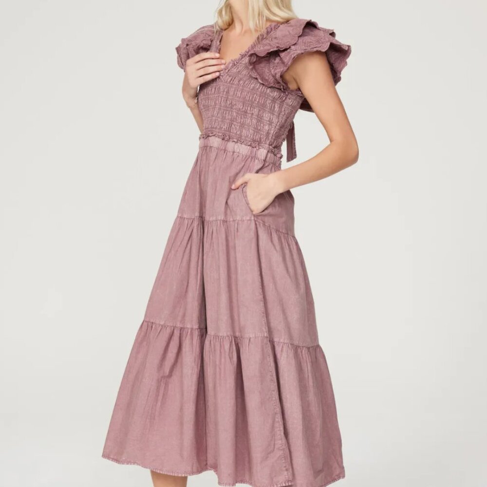 Sea New York Dusty Pink Ruffle Midi Dress
